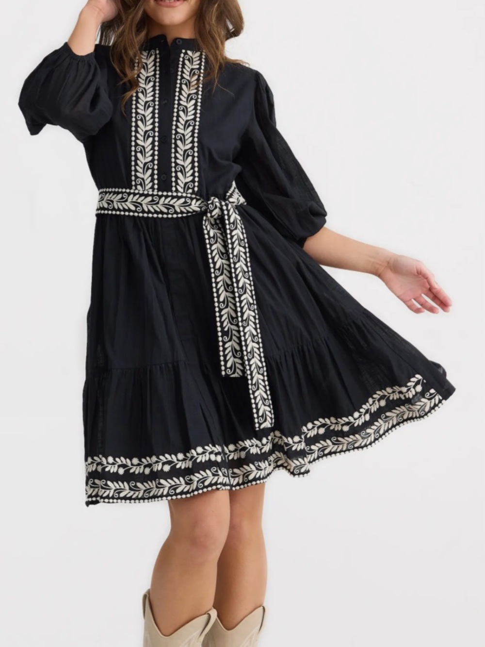 Talisman Cala NWT Black Midi Dress with White Embroidered Trim and Tie Waist